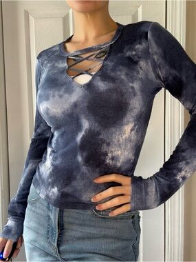 Hollister Navy Tie-Dye Crisscross Long-Sleeve Top